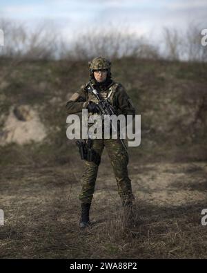 Forze militari STATUNITENSI. 170320IN448-510 CAPU MIDIA, Romania (20 marzo 2017) — il sergente della Marina rumena Ramona Griguta posa per un ritratto al Capu Midia Training Grounds in Romania, durante l'esercitazione Spring Storm 2017, 20 marzo. Lo scopo di questo esercizio è fornire alle forze anfibie statunitensi una formazione operativa con i nostri alleati rumeni al fine di migliorare l'interoperabilità e rafforzare la nostra partnership duratura. La 24th Marine Expeditionary Unit è attualmente schierata con il Bataan Amphibious Ready Group a sostegno delle operazioni di sicurezza marittima e degli sforzi di cooperazione per la sicurezza del teatro nel settore Foto Stock