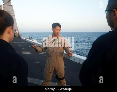 Forze militari STATUNITENSI. TERRANEAN SEA (08 novembre 2017) – Master Sgt. Paul bui, Explosive Ordinance Disposal Chief assegnato al 15th Marine Expeditionary Unit's (MEU) Combat Logistics Battalion 15, insegna ai marinai come mettere una miccia a bordo della nave da trasporto anfibio USS San Diego (LPD 22) 8 novembre 2017. San Diego è schierato con l'America Amphibious Ready Group e il 15th MEU per sostenere le operazioni di sicurezza marittima e gli sforzi di cooperazione per la sicurezza del teatro nell'area operativa della 6th Fleet degli Stati Uniti Foto Marine Corps del cpl. Jeremy Laboy/rilasciata) Foto Stock