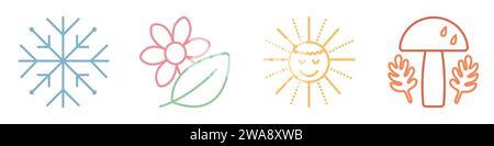 Set di icone per quattro stagioni, segni vettoriali di colori di inverno, primavera, estate e autunno Illustrazione Vettoriale