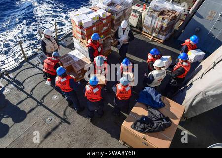 Forze militari STATUNITENSI. 171123GX781-308 MAR MEDITERRANEO (23 novembre 2017) - i marinai a bordo del cacciatorpediniere missilistico guidato classe Arleigh Burke USS James E. Williams (DDG 95) caricano cibo nella nave durante un rifornimento in mare con l'oliatore di rifornimento della flotta classe Henry J. Kaiser USNS Leroy Grumman, 23 novembre 2017. James E. Williams, portato in casa a Norfolk, è in un dispiegamento di routine nell'area operativa della 6th Fleet degli Stati Uniti a sostegno degli interessi di sicurezza nazionale degli Stati Uniti in Europa. (Foto della Marina degli Stati Uniti di Mass Communication Specialist 3rd Class Colbey Livingston/ rilasciata) Foto Stock