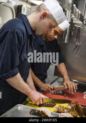 Forze militari STATUNITENSI. 180225RG482-244 MAR NERO (25 febbraio 2018) Specialista culinario Seaman Mitchell Schwinn Trains Culinary Specialist Seaman Hunter Moore come preparare l'aragosta a bordo del cacciatorpediniere guidato-missile classe Arleigh Burke USS Ross (DDG 71), nel Mar Nero 25 febbraio 2018. Ross, schierato in avanti a Rota, in Spagna, è nella sua sesta pattuglia nell'area operativa della 6th Fleet degli Stati Uniti a sostegno degli alleati regionali e dei partner e degli interessi di sicurezza nazionale degli Stati Uniti in Europa. (Foto della Marina degli Stati Uniti di Mass Communication Specialist 1st Class Kyle Steckler/rilasciata) Foto Stock