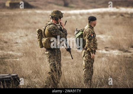 Forze militari STATUNITENSI. 180312RT059-0041 AREA DI ADDESTRAMENTO CAPU MIDIA, Romania (12 marzo 2018) 1st Tenente Kevin Lowring, sinistra, comandante plotone di Weapons Company, Fox Company, Battalion Landing Team, 2nd Battalion, 6th Marine Regiment, 26th Marine Expeditionary Unit, centro, coordina le comunicazioni con le forze statunitensi e rumene durante un assalto anfibio durante l'esercitazione Spring Storm 2018, 12 marzo 2018. Spring Storm è un'esercitazione condotta dalla Romania nel Mar Nero per migliorare le operazioni anfibie e l'interoperabilità del personale tra le forze navali rumene e statunitensi. (Foto del corpo dei Marines degli Stati Uniti di staff Sgt. Foto Stock