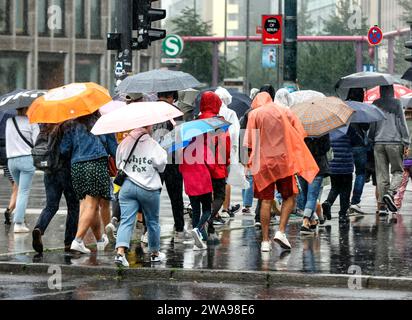 Turisti con cappe e ombrelli durante le piogge pesanti, Berlino, 23 06 2023 Foto Stock