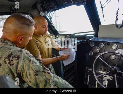 Forze militari STATUNITENSI. 180601FD185-08528 CAMP LEMONNIER, Gibuti (1 giugno 2018) Information Systems Technician 1st Class Jorge Castaneda and Boatswain's Mate 1st Class Ernest Rocha, assegnato al Task Group (TG) 68,6 rivedere i registri di manutenzione delle imbarcazioni durante un'impennata di addestramento ingegneristico Coastal River Force, 1 giugno 2018. TG-68,6 è dispiegato in avanti nell'area operativa della 6th Fleet degli Stati Uniti e conduce operazioni congiunte e navali, spesso in collaborazione con partner alleati e interagenzie, al fine di promuovere gli interessi nazionali degli Stati Uniti e la sicurezza e la stabilità in Europa e in Africa. (Foto U.S. Navy di Engine Foto Stock