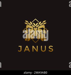 Logo Janus God in oro Elegance con icona vettoriale a corona di foglie su sfondo nero Illustrazione Vettoriale