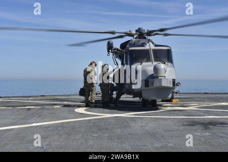 Forze militari STATUNITENSI. 180608XT273-227 MAR BALTICO (8 giugno 2018) Vice Adm. Lisa M. Franchetti, comandante, U.S. 6th Fleet e comandante, Naval Striking and Support Forces NATO, si imbarca su un elicottero AW159 Wildcat per visitare la fregata HMS Monmouth (F235) nel Mar Baltico, durante l'esercitazione Baltic Operations (BALTOPS) 2018, 8 giugno. Il BALTOPS è il principale esercizio marittimo annuale nella regione baltica e uno dei più grandi esercizi del Nord Europa che migliora la flessibilità e l'interoperabilità tra le nazioni alleate e partner. (Foto della Marina degli Stati Uniti di Mass Communication Specialist 1st CLA Foto Stock