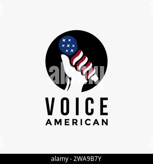 Modello vettore icona logo microfono vocale americano su sfondo bianco, vettore logo bandiera stati uniti d'america Illustrazione Vettoriale
