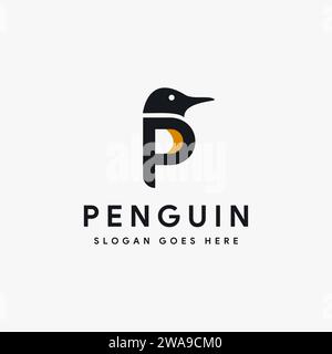 Lettera P per il modello vettoriale dell'icona del logo dei pinguini su sfondo bianco Illustrazione Vettoriale