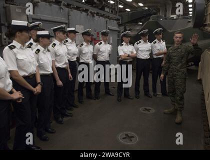 Forze militari STATUNITENSI. 180623TJ319-0073 GDYNIA, Polonia (23 giugno 2018) U.S. Marines Cpl. Thomas Monahan, di Freehold, New Jersey, parla con gli studenti dell'Accademia navale polacca di un carro armato M1/A1 Abrams durante un tour a bordo della nave da sbarco Harpers Ferry USS Oak Hill (LSD 51), 23 giugno 2018. Oak Hill, trasferito a Virginia Beach, Virginia, sta conducendo operazioni navali nell'area operativa della 6th Fleet. (Foto della Marina degli Stati Uniti di Mass Communication Specialist 3rd Class Jessica L. Dowell/rilasciata) Foto Stock