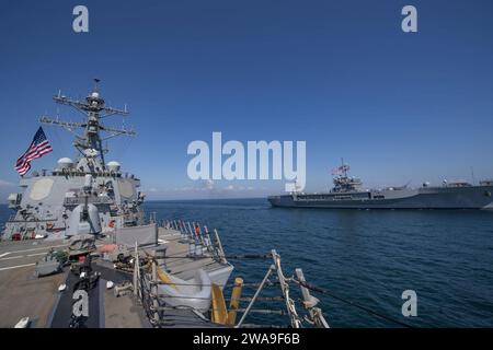 Forze militari STATUNITENSI. 180713JI086-230 MAR NERO (13 luglio 2018) il cacciatorpediniere a missili guidati classe Arleigh Burke USS Porter (DDG 78), a sinistra, naviga accanto alla nave di comando e controllo della classe Blue Ridge USS Mount Whitney (LCC 20) durante l'esercitazione Sea Breeze 2018 nel Mar Nero, il 13 luglio. Sea Breeze è un'esercitazione marittima multinazionale co-ospitata da Stati Uniti e Ucraina nel Mar Nero ed è progettata per migliorare l'interoperabilità delle nazioni partecipanti e rafforzare la sicurezza marittima all'interno della regione. (Foto U.S. Navy di Mass Communication Specialist 2nd Class Ford Williams/Release Foto Stock