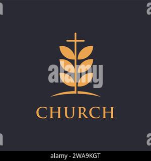 Foglia ad albero e croce dell'icona del logo della chiesa modello vettoriale su sfondo scuro Illustrazione Vettoriale