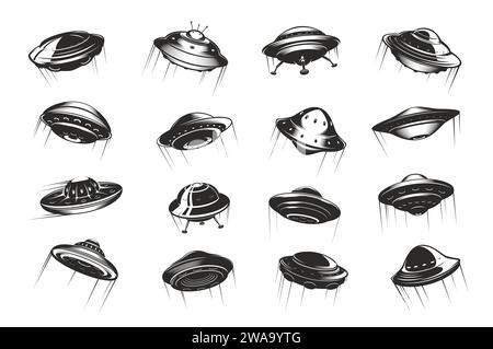 Navicella spaziale con dischi volanti UFO e sentieri. Astronave aliena volante o area 51 paranormale oggetti volanti sconosciuti insieme di icone vettoriali monocromatiche. Raccolta dei simboli del veicolo UFO sci FI os Signs Illustrazione Vettoriale