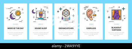 Icone della linea del sonno, schermata di inserimento dell'app mobile. Banner vettoriali per il comfort del sonno e consigli per la prevenzione dell'insonnia poster o schermi da tavolo con sognatore, tende oscuranti e tappi per le orecchie Illustrazione Vettoriale