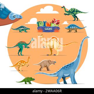 I dinosauri dei cartoni animati sono personaggi carini. Hypacrosaurus, Nodosaurus, Panoplosaurus e Lambeosaurus, Corythosaurus, Deinocheirus, Centrosaurus e Avaceratops, dinosauri Titanosauria personaggi divertenti Illustrazione Vettoriale