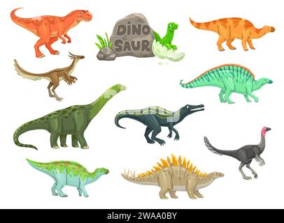 Personaggi divertenti dei dinosauri dei cartoni animati. Rettile preistorico, paleontologia lucertole vettoriali estinte. Ouranosaurus, Probactrosaurus, Suchomimus e Alectrosaurus, Alvarezsaurus, Aralosaurus carini personaggi Illustrazione Vettoriale