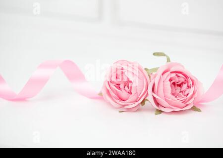 Due a forma di cuore di rose rosse e nastri isolati su sfondo bianco, il giorno di San Valentino Foto Stock