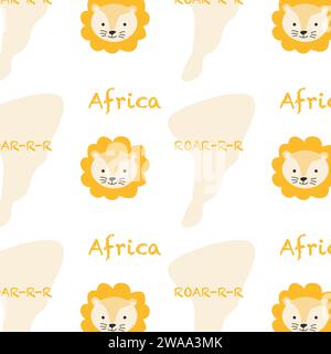 grazioso sfondo di leone africano con scritta. Illustrazione vettoriale isolata. Baby animale testa leone e continente africano. Illustrazione Vettoriale