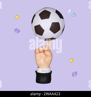 Mani dei cartoni animati degli atleti con calcio isolato su sfondo pastello. percorso di ritaglio simbolo icona. illustrazione del rendering 3d. Foto Stock