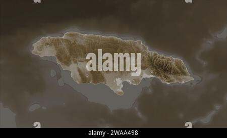 Giamaica evidenziata su una mappa di elevazione colorata in tonalità seppia con laghi e fiumi Foto Stock