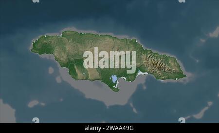 Giamaica evidenziata su una mappa di elevazione colorata di pale con laghi e fiumi Foto Stock