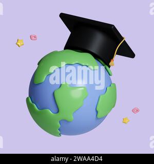 Background minimo per il concetto di formazione online. Globo blu con cappello graduato isolato sullo sfondo. illustrazione del rendering 3d. Tracciato di ritaglio di Foto Stock