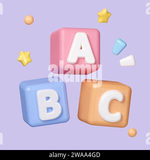 Blocchi 3d ABC che collegano il puzzle. Simbolo del lavoro di squadra aziendale e del concetto di sviluppo dell'intelligenza per bambini, illustrazione del rendering 3D. Ritaglio Foto Stock