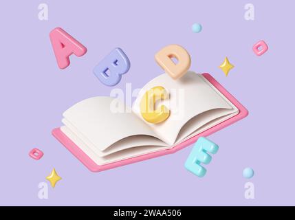 Libro aperto, concetto di istruzione e ricerca. Lingua inglese. percorso di ritaglio simbolo icona. illustrazione del rendering 3d. Foto Stock