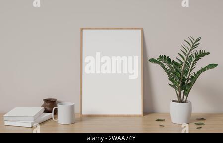 Mockup con cornice a poster in un accogliente salotto, illustrazione di rendering 3d. Foto Stock