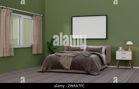 Incorniciare il modello orizzontale della cornice nell'accogliente interno della camera da letto. illustrazione del rendering 3d. Foto Stock