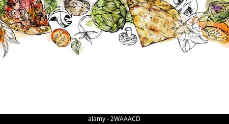 Illustrazione dell'inchiostro ad acquerello disegnato a mano. Pizza a fette e ingredienti per condimenti, cucina italiana. Bordo senza cuciture isolato su bianco. Progettazione per Foto Stock