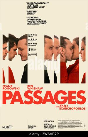 Passages (2023) diretto da Ira Sachs e interpretato da Franz Rogowski, Ben Whishaw e Adèle Exarchopoulos. Il matrimonio di una coppia gay viene messo in crisi quando uno di loro inizia impulsivamente una relazione appassionata con una giovane donna. Poster US One sheet ***SOLO PER USO EDITORIALE***. Credito: BFA / MUBI Foto Stock