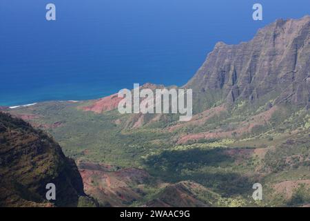 vista mozzafiato dell'oceano pacifico e della valle di kalalau dal sentiero pihea, kauai, hawaii Foto Stock