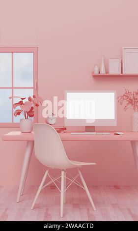 Interno rosa con PC computer modello con schermo bianco vuoto. illustrazione del rendering 3d. Foto Stock