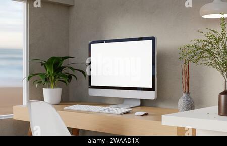 Un moderno modello di PC a schermo vuoto si trova su un tavolo in un moderno ufficio domestico minimalista. illustrazione del rendering 3d. Foto Stock