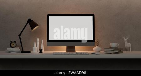 Un moderno modello di PC a schermo vuoto si trova su un tavolo in un moderno ufficio domestico minimalista. illustrazione del rendering 3d. Foto Stock