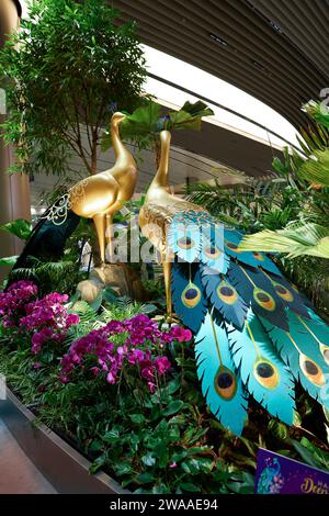 SINGAPORE - 6 NOVEMBRE 2023: Decorazioni in pavone a tema Deepavali all'Aeroporto Changi di Singapore. Foto Stock