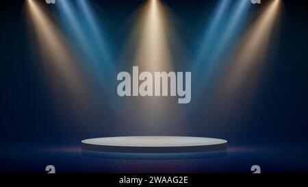 Palco, oro, riflettore blu, podio. Sfondo, sfondo visualizzazione prodotti. Tavolino blu illuminato. Fasci di luce, scintillanti e scintillanti Illustrazione Vettoriale
