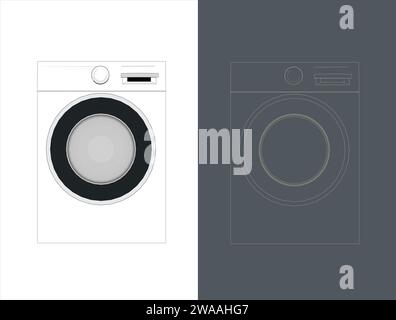 Mockup di progetto wireframe per lavatrice vettoriale isolato su sfondo bianco. Illustrazione 3d moderna e realistica degli elettrodomestici Illustrazione Vettoriale