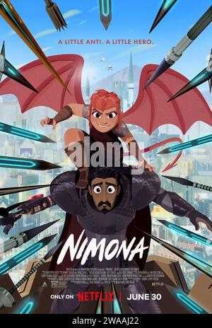 Nimona (2023), diretto da Nick Bruno e Troy Quane e interpretato da Chloë Grace Moretz, Riz Ahmed e Eugene Lee Yang. Quando un cavaliere in un futuristico mondo medievale è incastrato per un crimine che non ha commesso, l'unico che può aiutarlo a dimostrare la sua innocenza è Nimona, un'adolescente maliziosa che si dà il caso sia una creatura mutaforma che ha giurato di distruggere. Poster US One sheet ***SOLO PER USO EDITORIALE***. Credito: BFA / Netflix Foto Stock