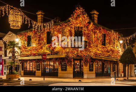 Facciata di un negozio, splendidamente decorato, di notte, per le vacanze di Natale, ad Arcachon, Gironde, Nouvelle Aquitaine, Francia Foto Stock