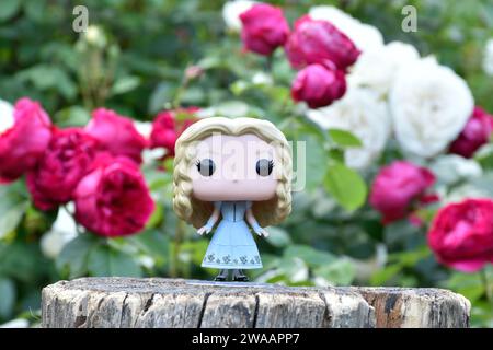 Funko Pop action figure di Alice nel Paese delle meraviglie del popolare film fantasy Tim Burton. Rose rosse e bianche, foglie verdi, giardino fiorito, ceppo di legno. Foto Stock
