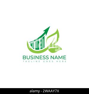 Grafica finanziaria con immagine vettoriale del logo LEAF. Eco Green Leaf Investing Business Financial Bar Chart Logo Vector. Modello logo finanziario aziendale Illustrazione Vettoriale