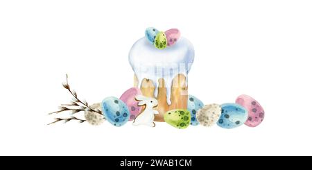 Acquerello composizione primaverile di Pasqua disegnata a mano. Pane dolce pasquale con decorazione delle uova, rami di salice e uova colorate con coniglio bianco per invi Foto Stock