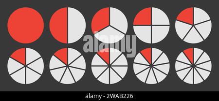 Cerchio diviso in 1-10 set di icone parti. Diagramma a segmenti a cerchio completo in grafico a 1-10 parti grafico grafico a sezione a torta in colore rosso e bianco. Illustrazione Vettoriale