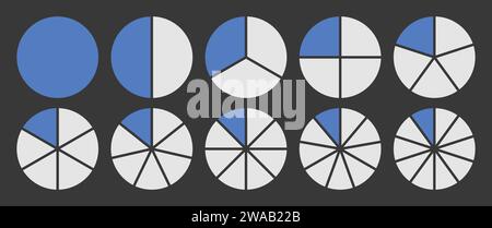 Cerchio diviso in 1-10 set di icone parti. Diagramma a segmenti a cerchio completo in grafico a 1-10 parti grafico grafico a sezione con forma a torta in colore blu e bianco. Illustrazione Vettoriale