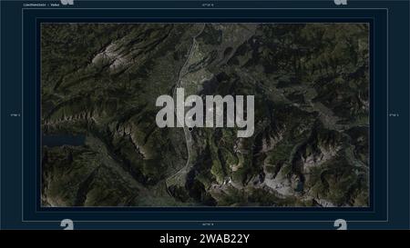 Il Liechtenstein è evidenziato su una mappa satellitare ad alta risoluzione con la capitale del paese, la griglia cartografica, la scala di distanza e la mappa di confine Foto Stock