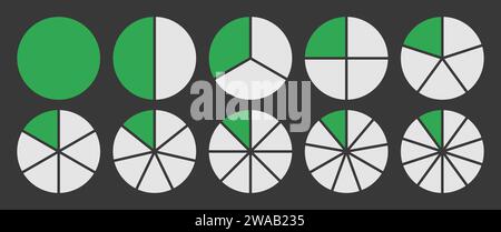 Cerchio diviso in 1-10 set di icone parti. Diagramma a segmenti a cerchio completo in grafico a 1-10 parti grafico grafico a sezione a torta di colore verde e bianco. Illustrazione Vettoriale