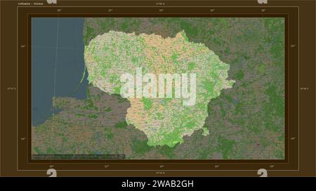 La Lituania è evidenziata su una mappa topografica in stile OSM France con la capitale del paese, la griglia cartografica, la scala di distanza e la mappa di confine Foto Stock