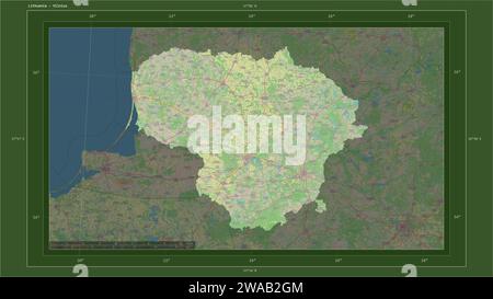 La Lituania è evidenziata su una mappa topografica in stile OSM Germania con la capitale del paese, la griglia cartografica, la scala della distanza e il confine della mappa c Foto Stock