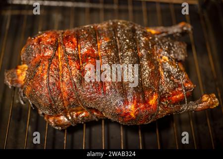 Anatra di pechinese al forno intera su griglia da forno, primo piano. Foto Stock